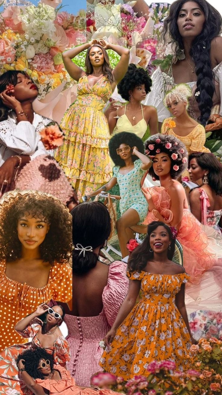 Beach floral mood board for ladies: warm-toned floral dresses in breezy, off-shoulder silhouettes