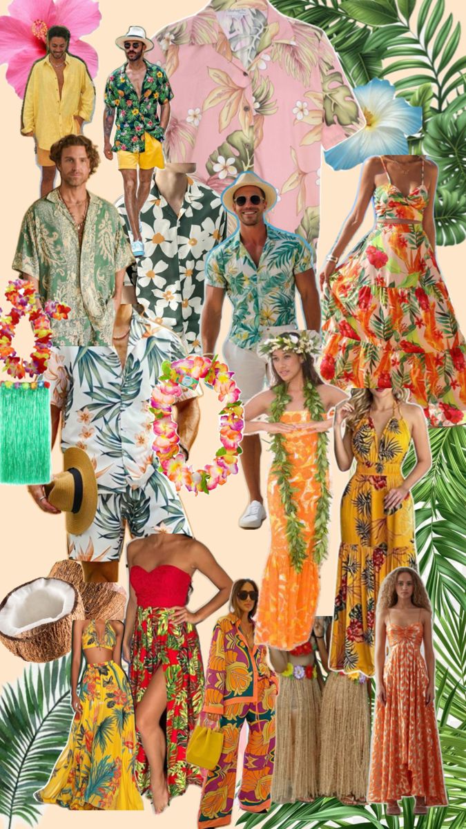 Beach floral mood board for gents: bold tropical Hawaiian-style print shirts